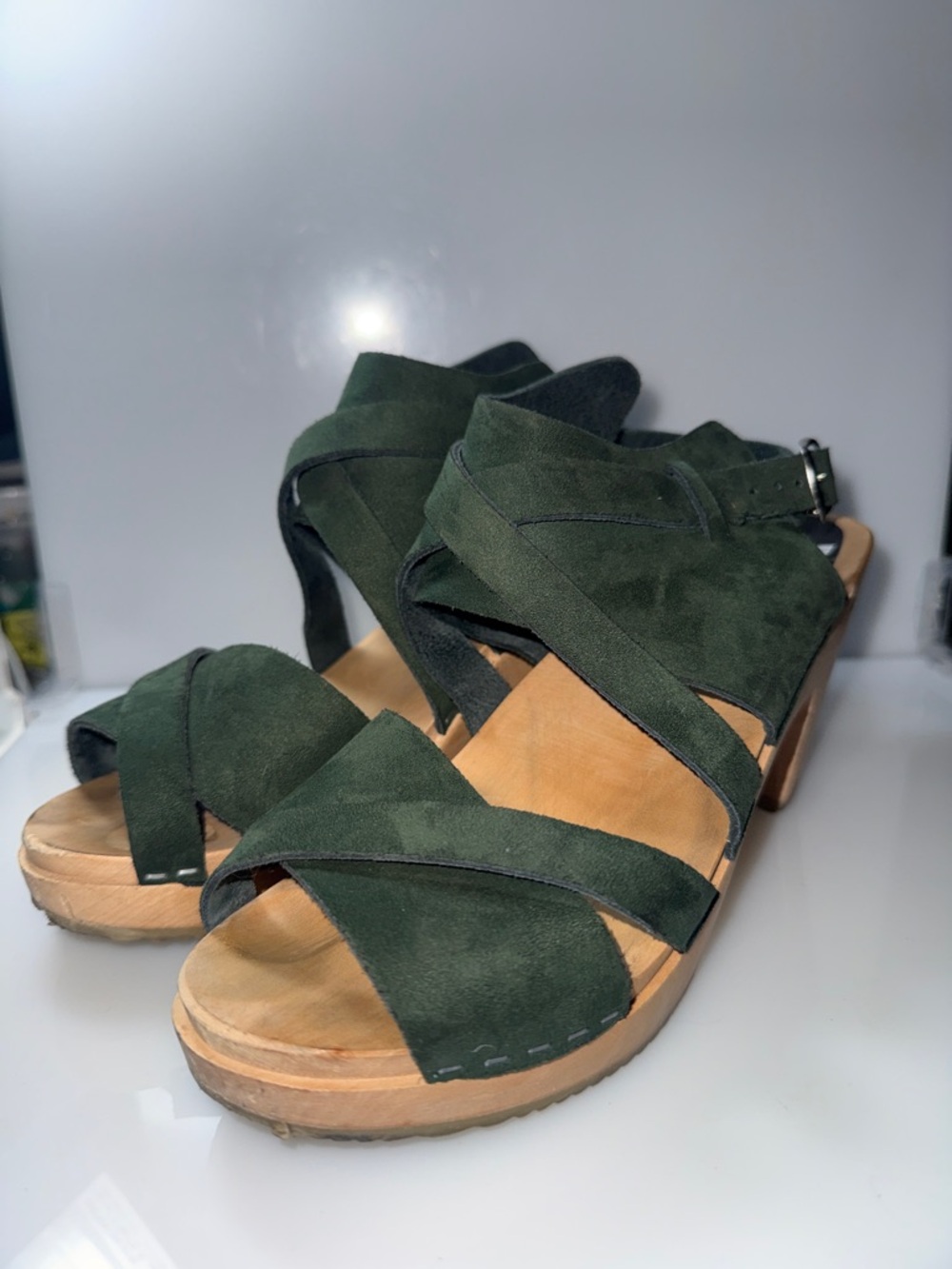 Funkis made in Sweden Green Suede Crisscross Platform Heels with Ankle Strap